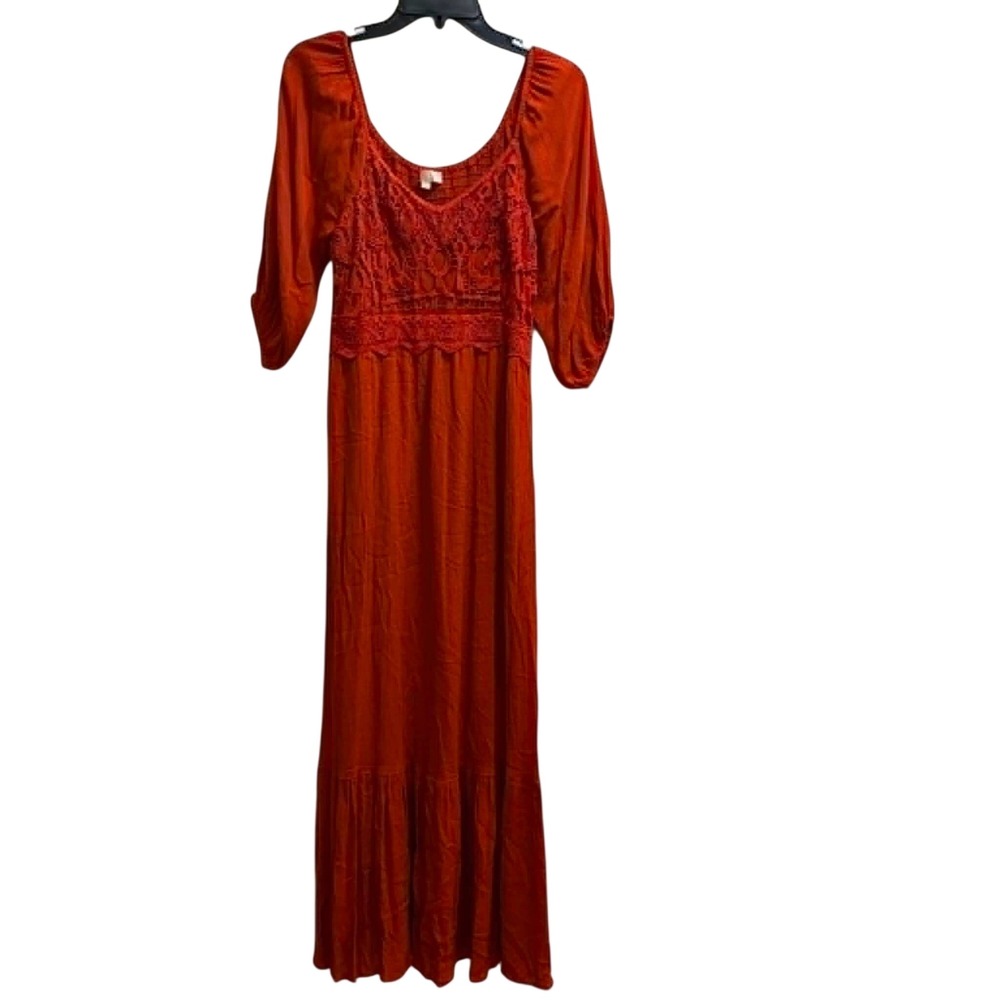 Une Ame Maxi Dress Womens M Orange Crochet Lace Smocked Tiered Boho Festival